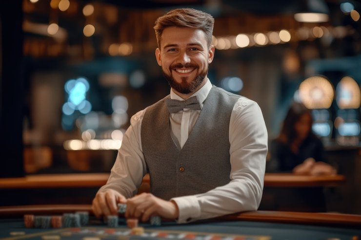 Live baccarat table with dealer and players on jangkrik4d login